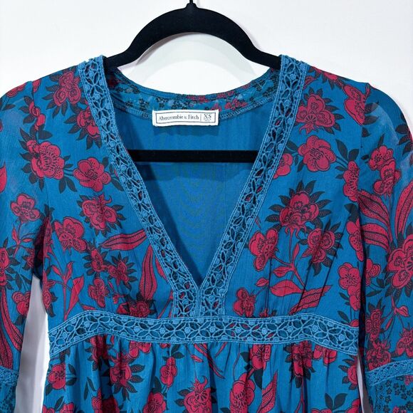 Abercrombie & Fitch Babydoll Mini Dress sz XS Blue Red Whimsigoth Y2K Romantic - Picture 3 of 13